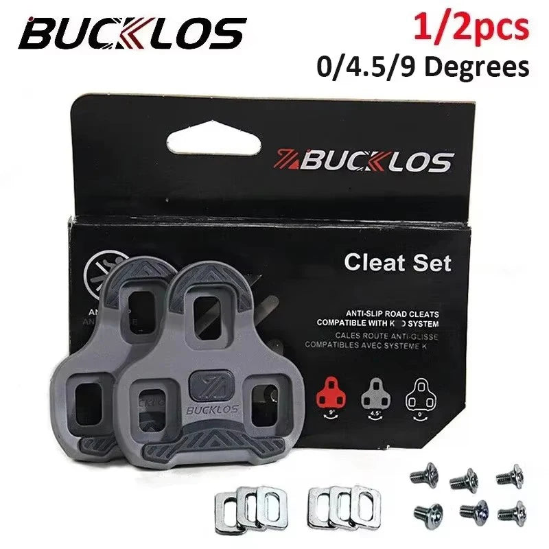 Bucklos cleat set packaging with cleats and screws on a white background