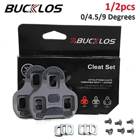 Bucklos cleat set packaging with cleats and screws on a white background
