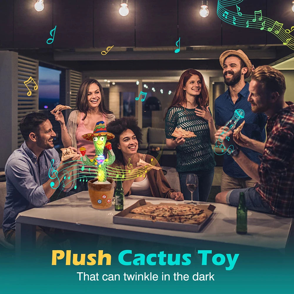 Group of friends gathered around a table with a plush cactus toy that can twinkle in the dark, set against a dark background with lights and music notes.