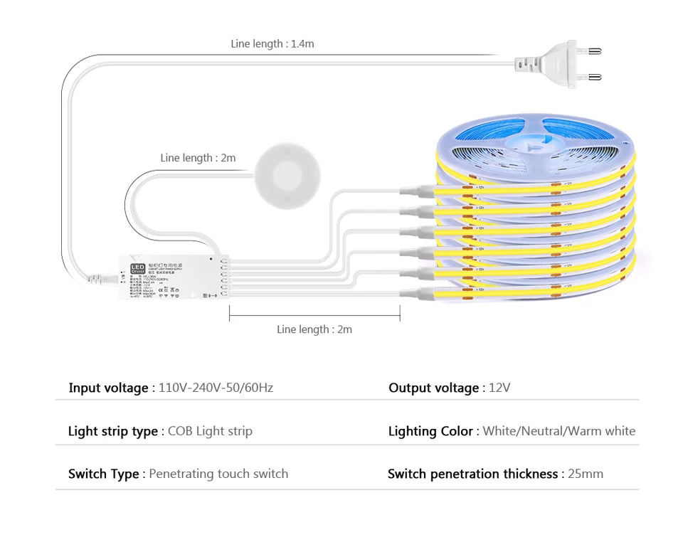 Under Cabinet COB LED Strip - Dimmable Touch Sensor Light