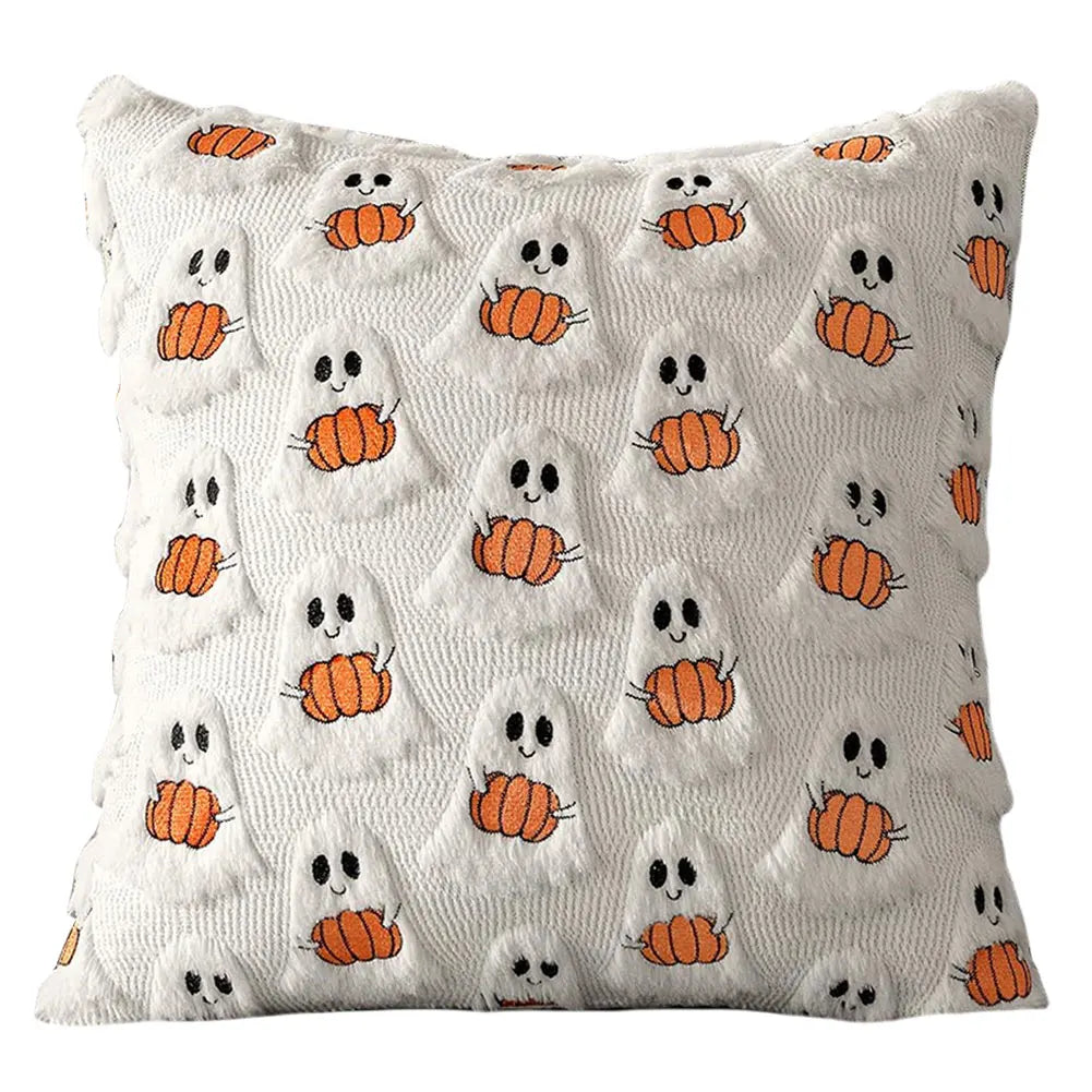Halloween Ghost Pumpkin Pillowcase - Plush Faux Fur Pillow Cover