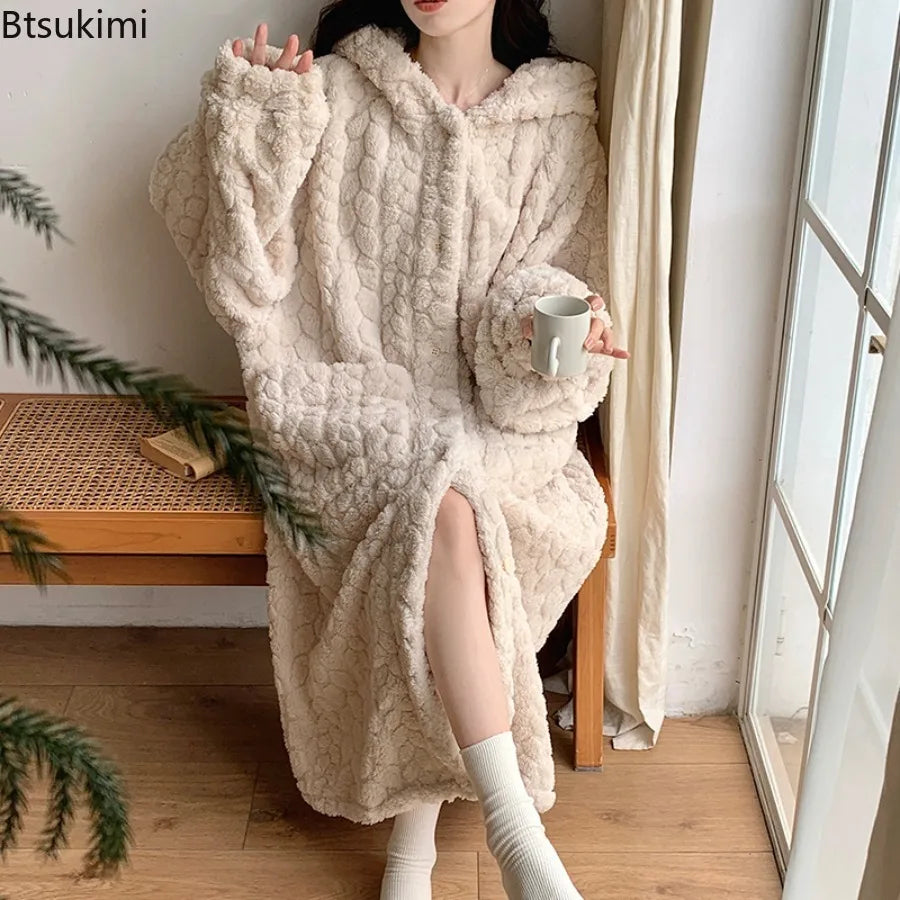 Winter Hooded Fleece Robe - Warm Pocket Nightgown