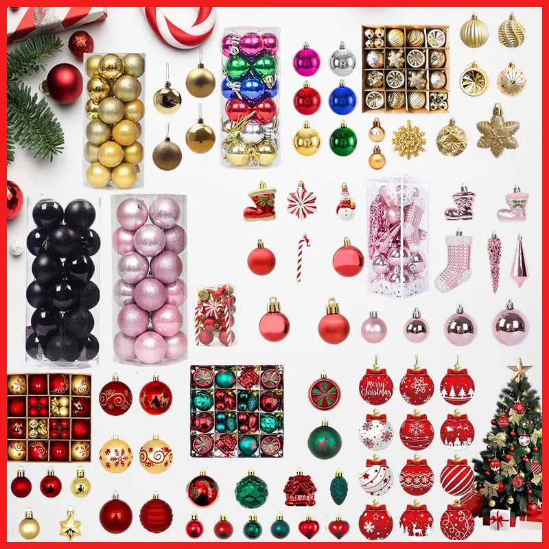 Assorted Christmas ornaments including balls, stars, and trees on a white background.