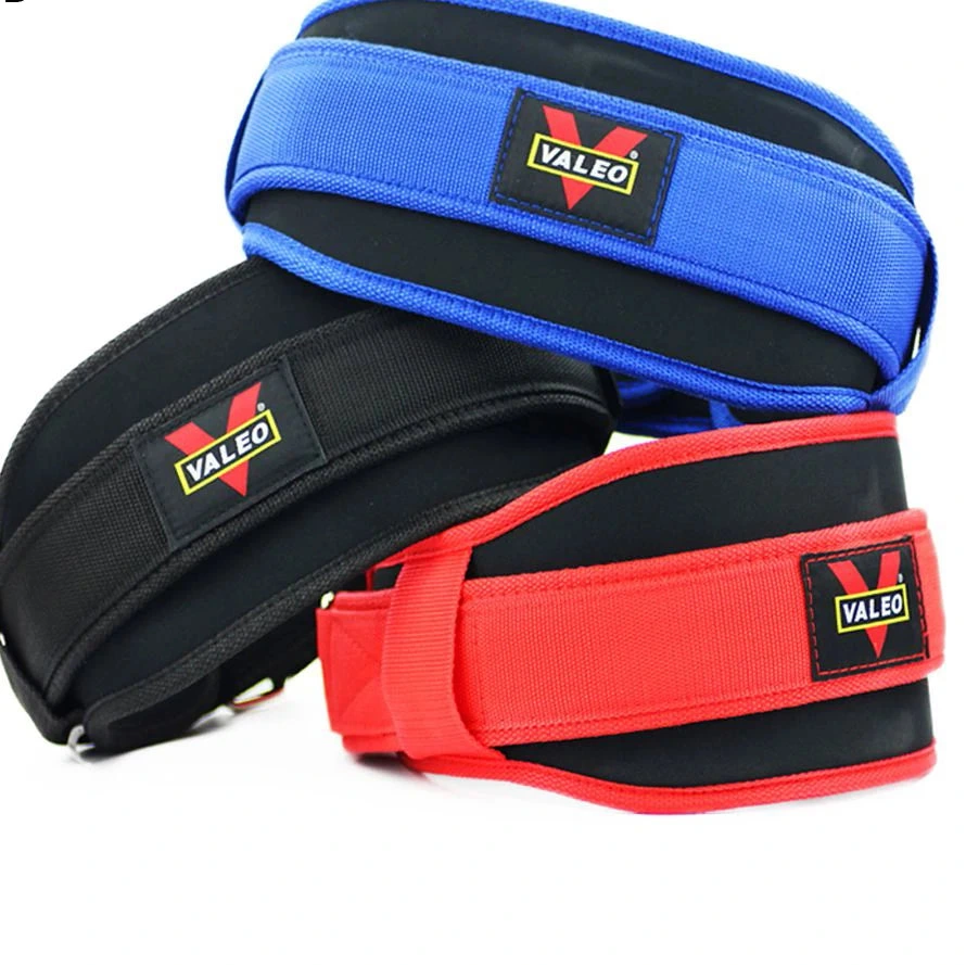 Three weightlifting belts in blue, black, and red with Valeo logo on a white background
