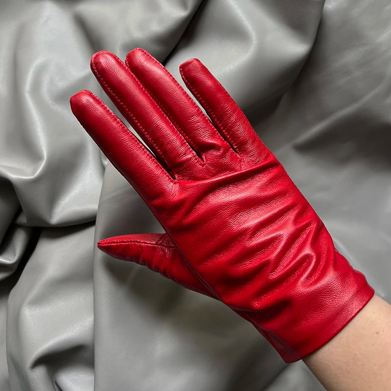 Guantes elegantes de piel de cordero con forro fino para mujer - Piel de oveja auténtica
