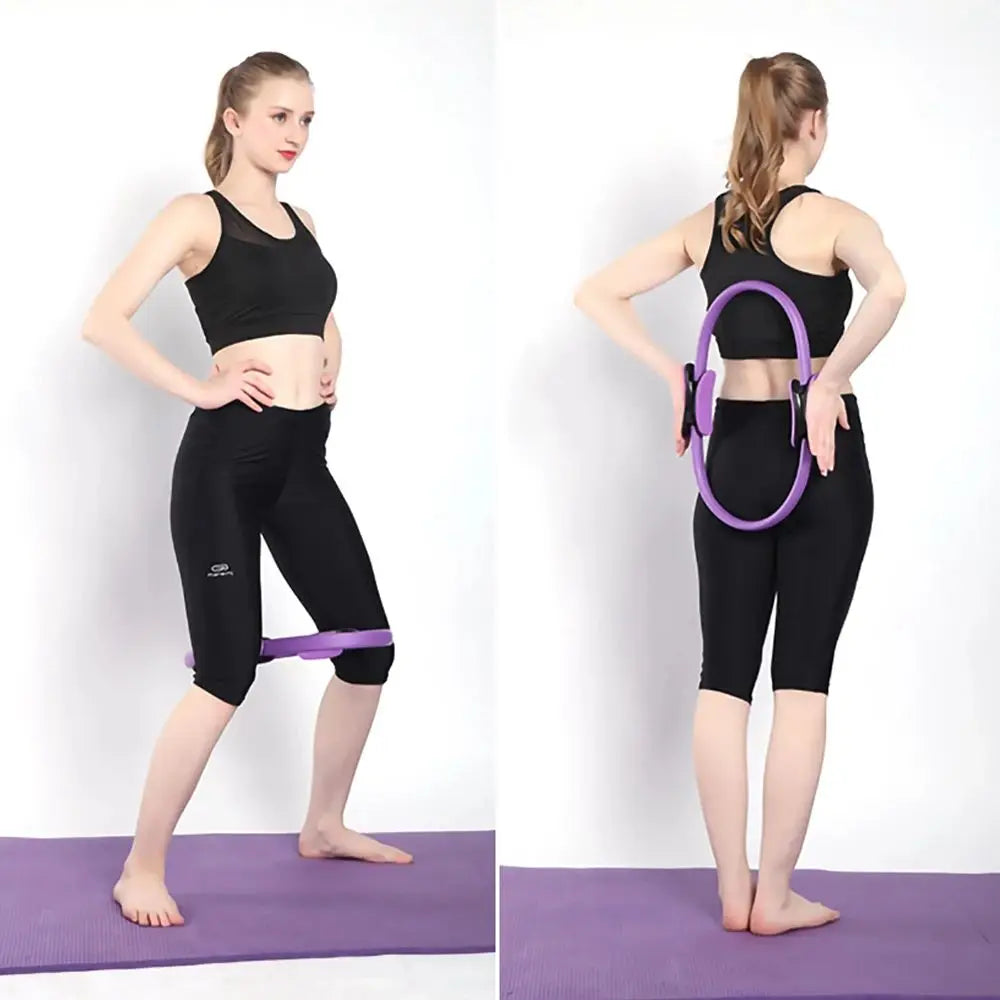 Woman using a purple exercise ring on a white background