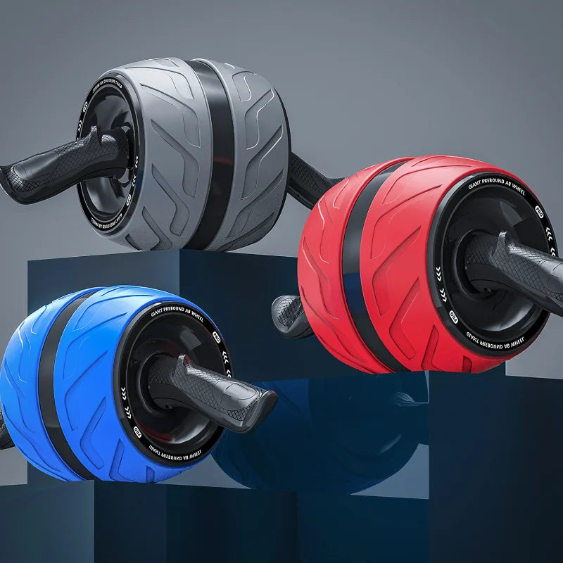 Three ab rollers in gray, red, and blue on a dark background