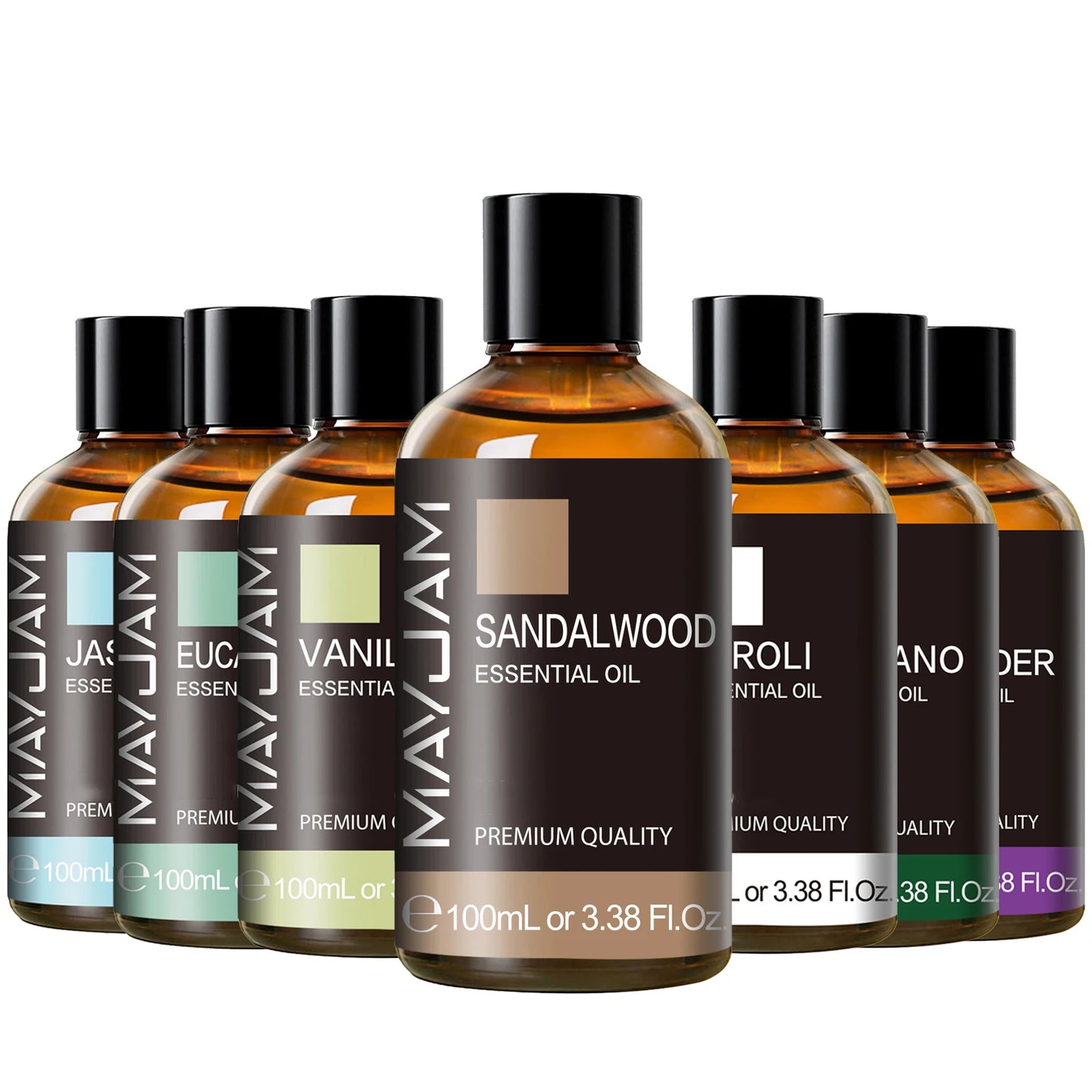 Collection of MayJam essential oil bottles on a white background