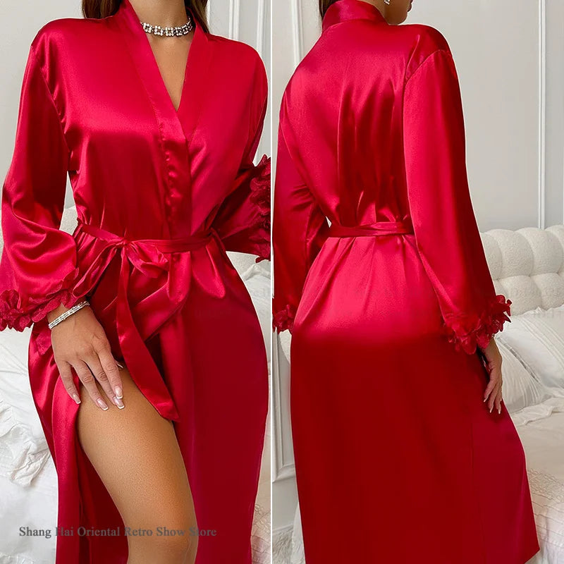 2-Piece Lace Kimono Robe Set - Silk Satin Nightgown
