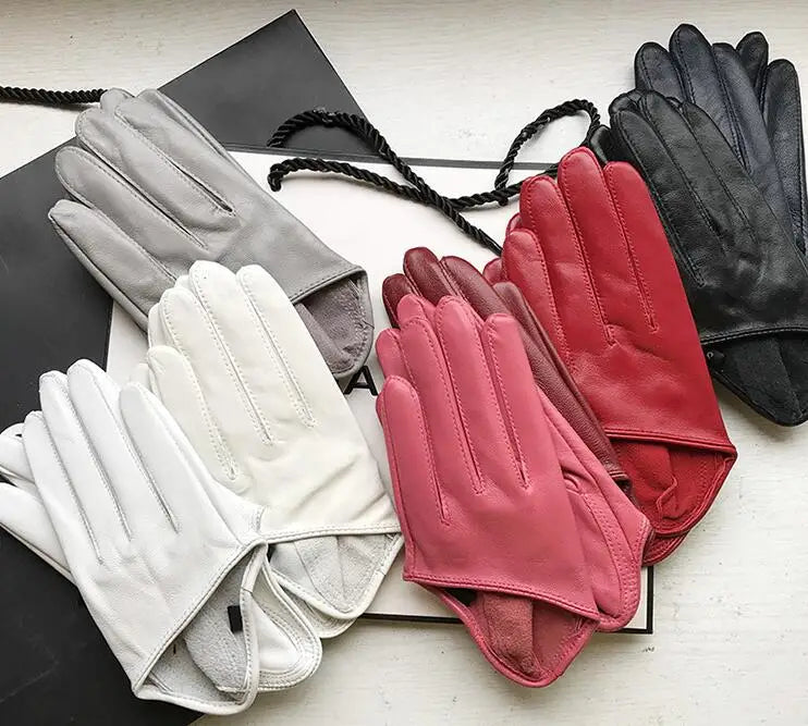 Guantes cortos de piel de oveja para mujer, otoño-invierno, diseño de media palma