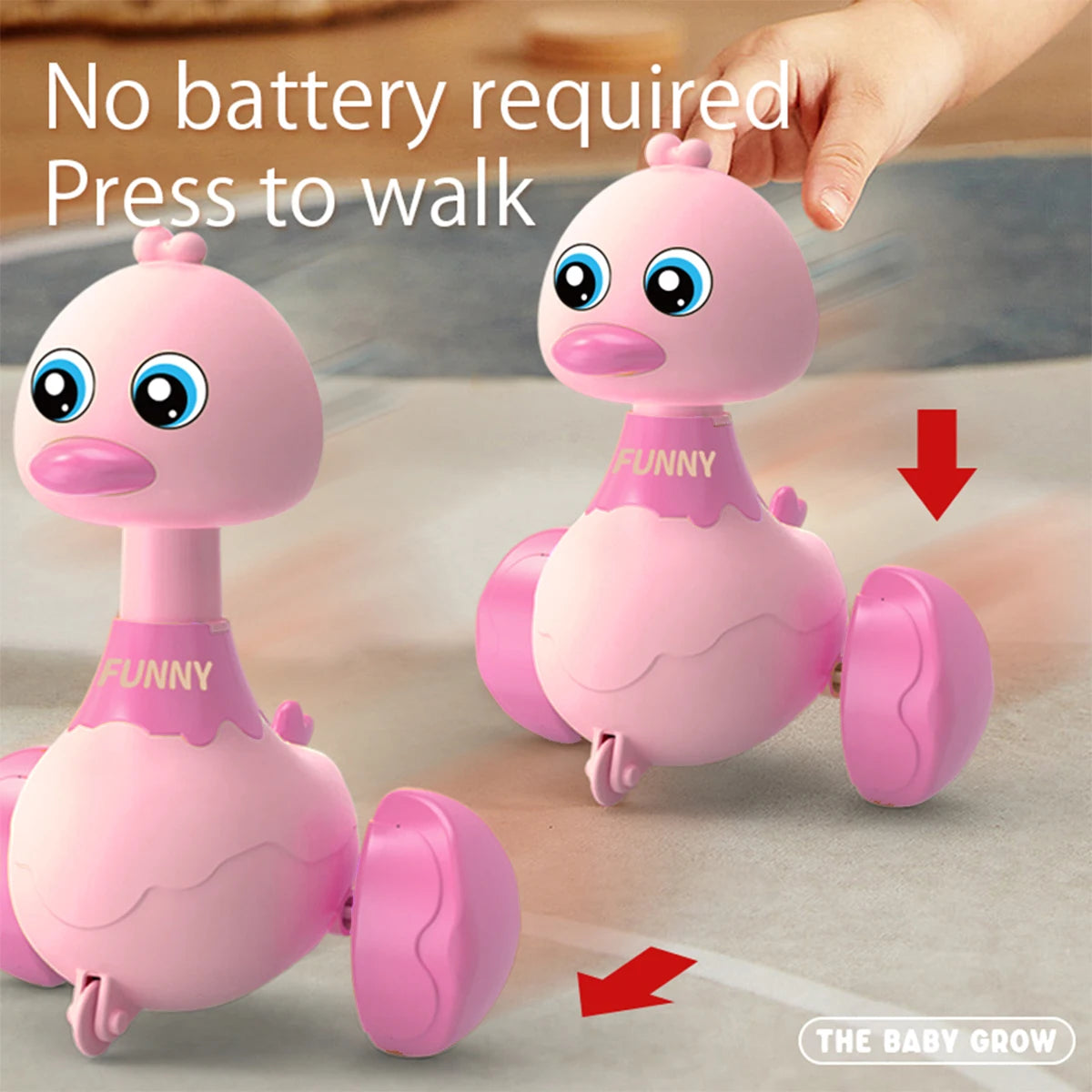 Pink toy duck with 'FUNNY' text, press-to-walk feature, on a neutral background.