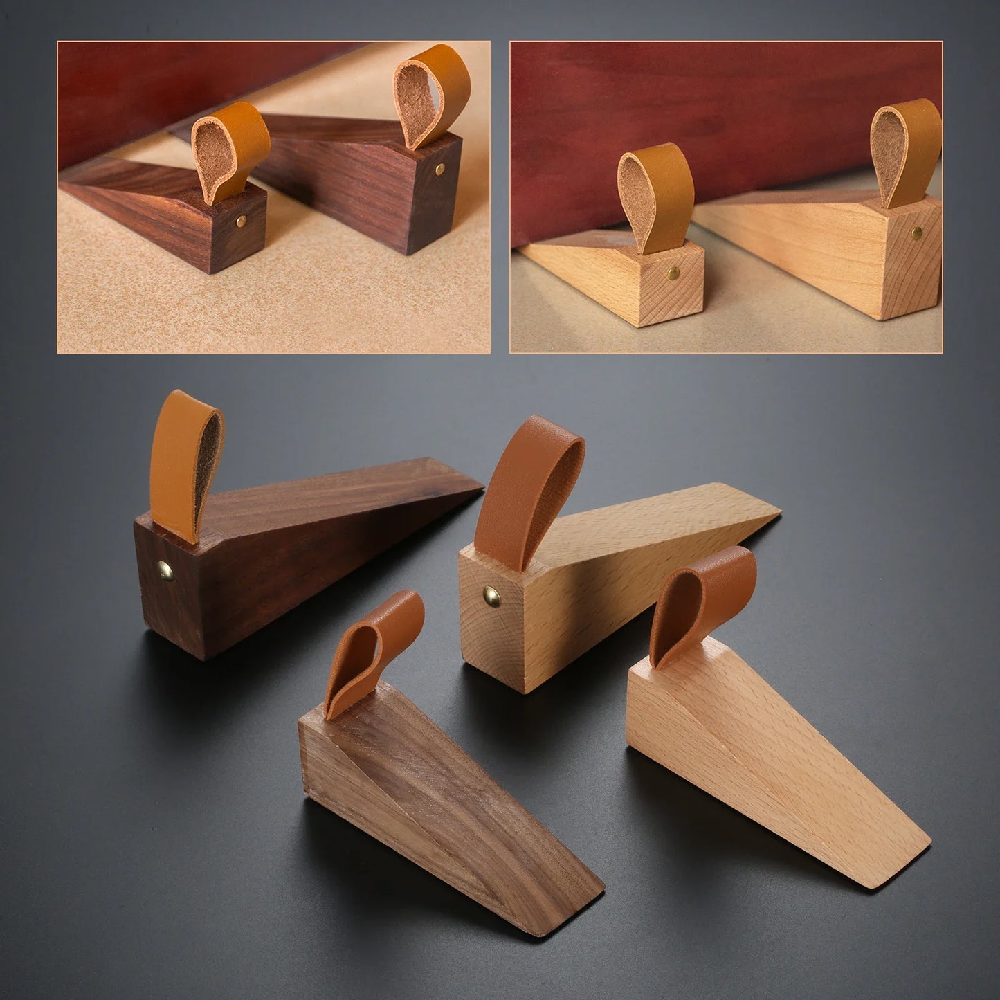 Solid Wood Door Stopper - Non-Slip Baby Safety Wedge with Leather Rope