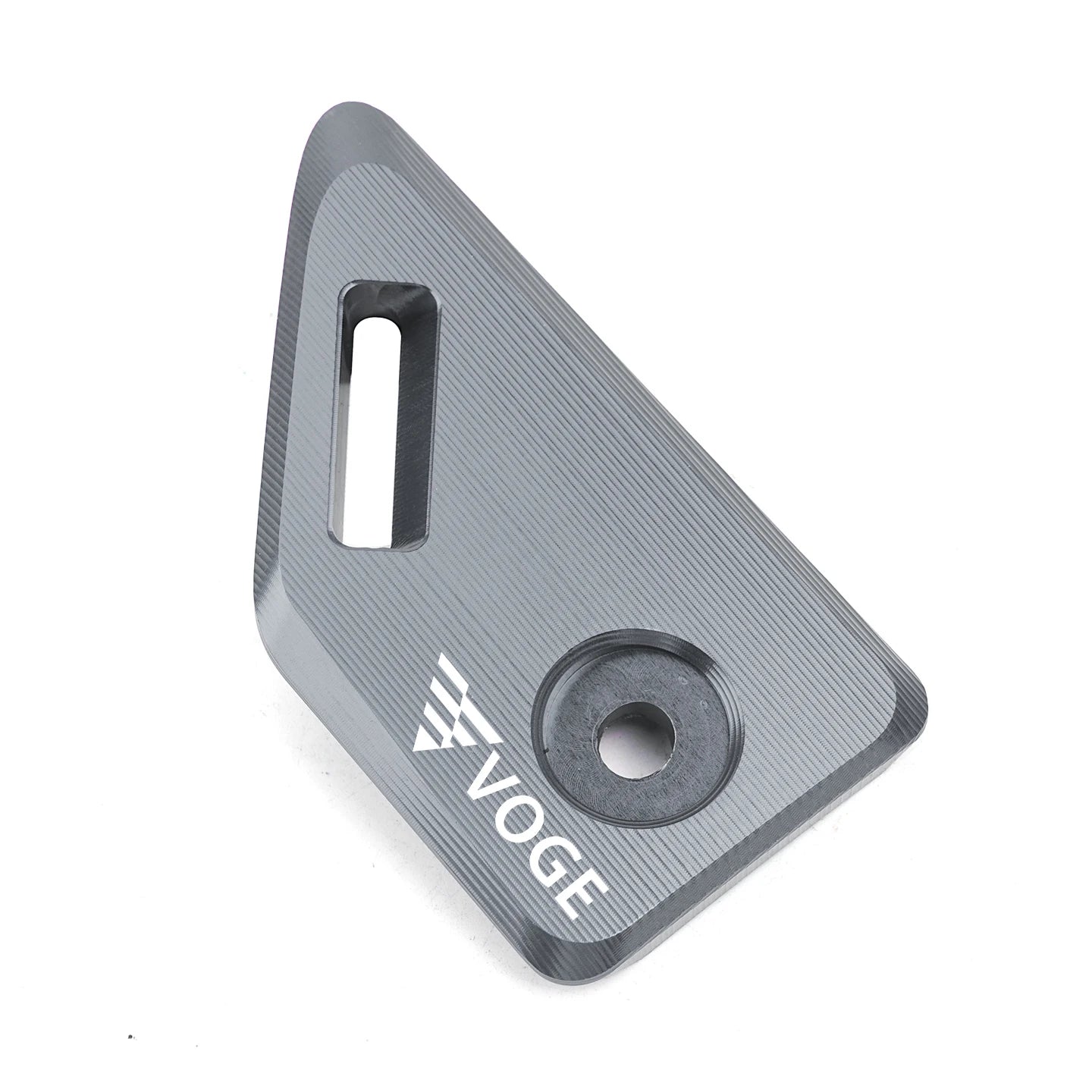 Triangular metal component with 'VOGE' branding on a white background