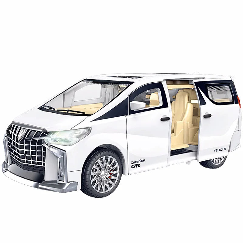 White luxury van with open doors on a white background