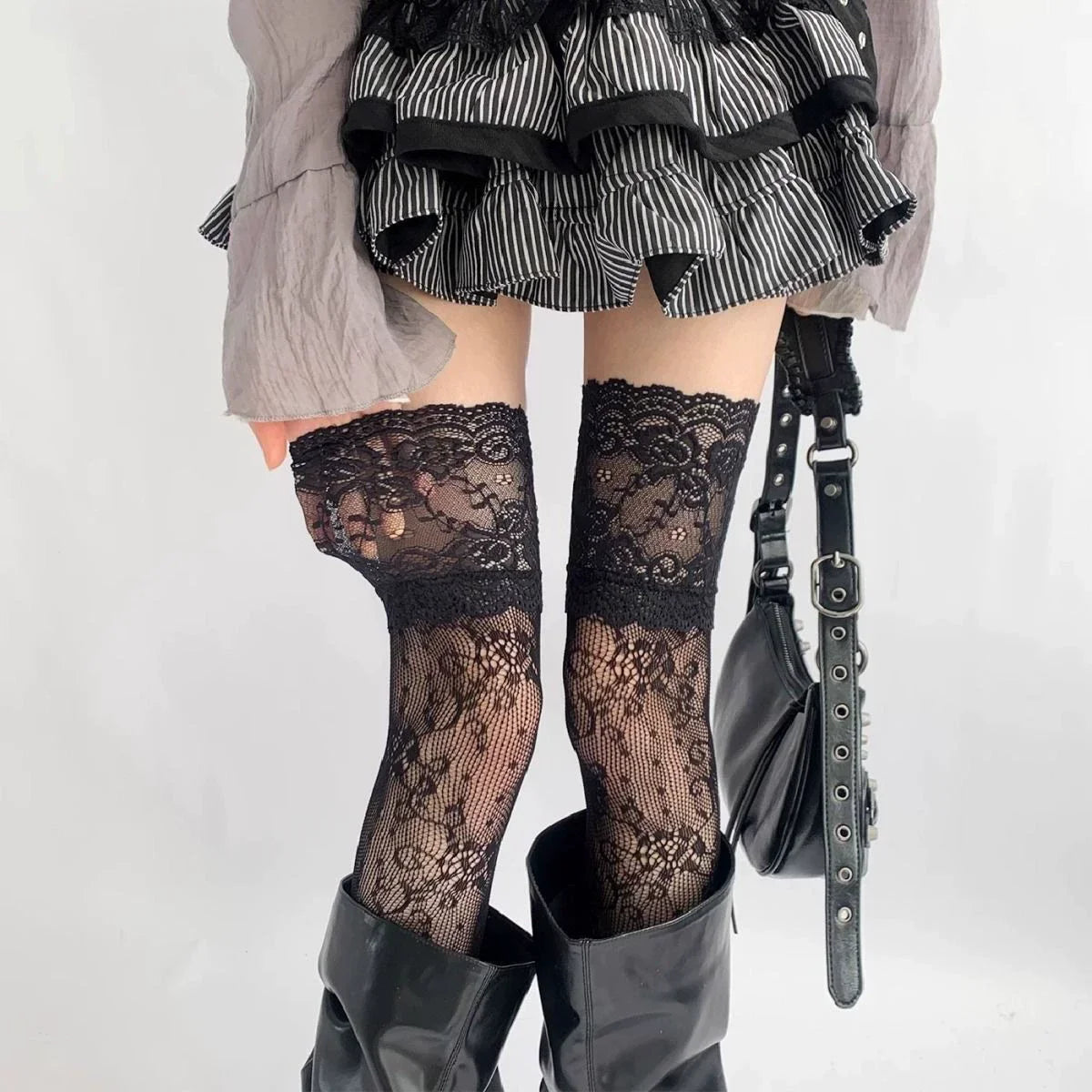 Women's Flower Lace Fishnet Thigh High Stockings - Sweet Frilly Trim