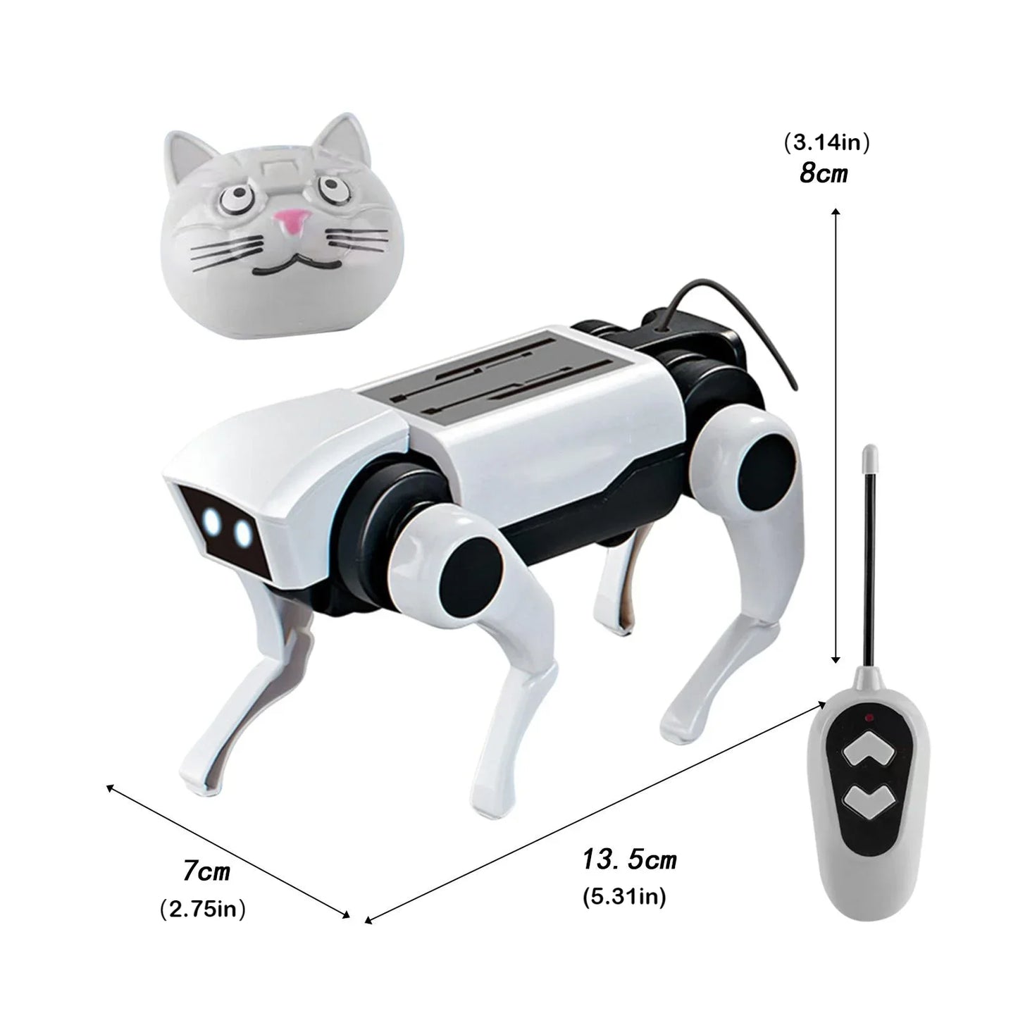 Toy robot cat with remote control and measurements on a white background