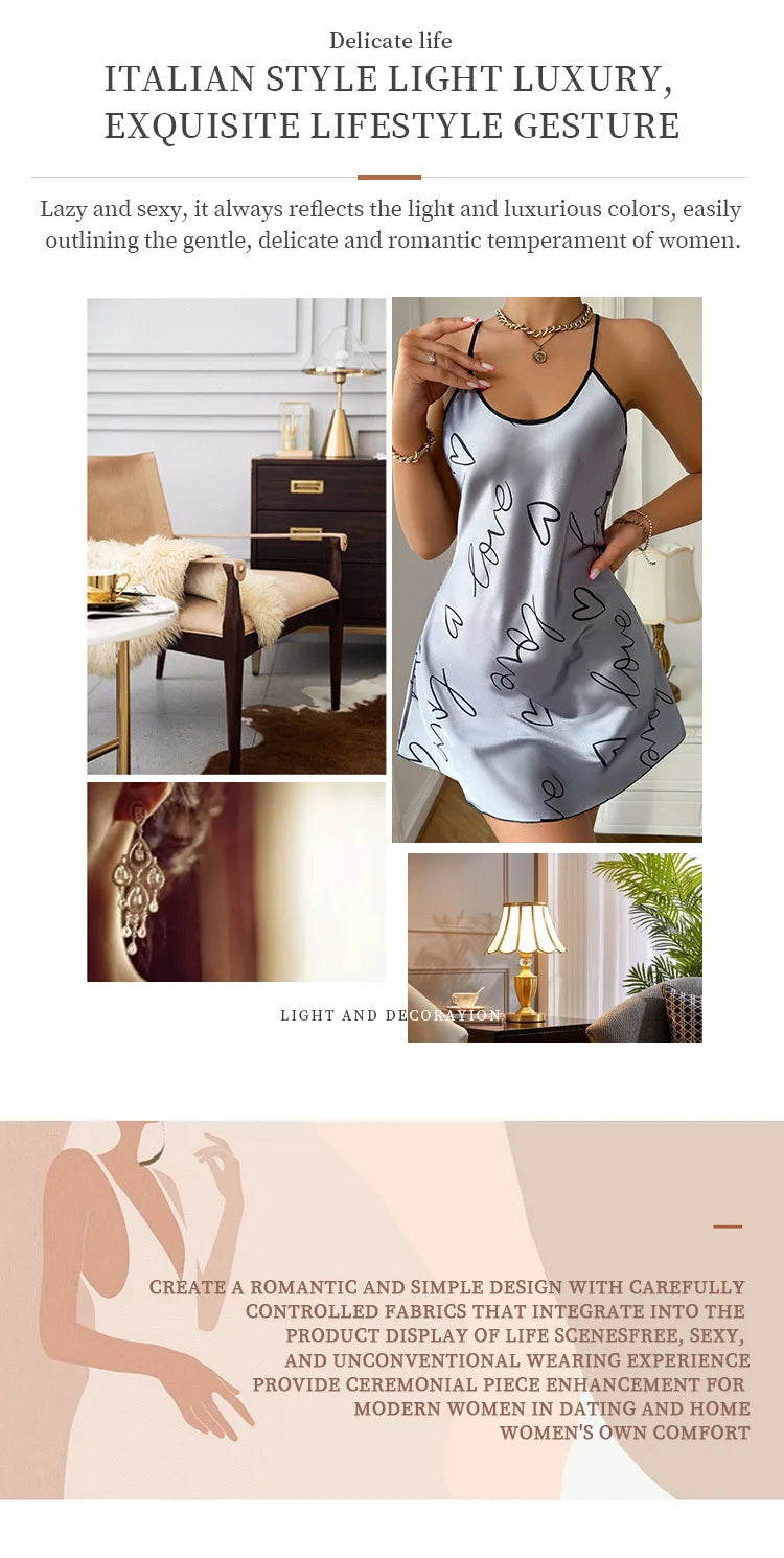 Heart Print Satin Nightdress - Criss Cross Back Sleep Dress