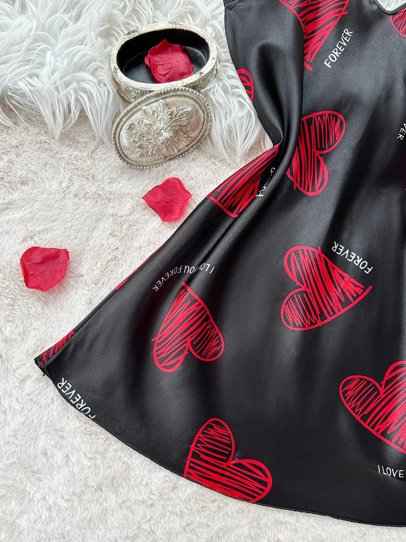 Red Lip Print Satin Slip Nightdress - V-Neck Backless Sleepwear