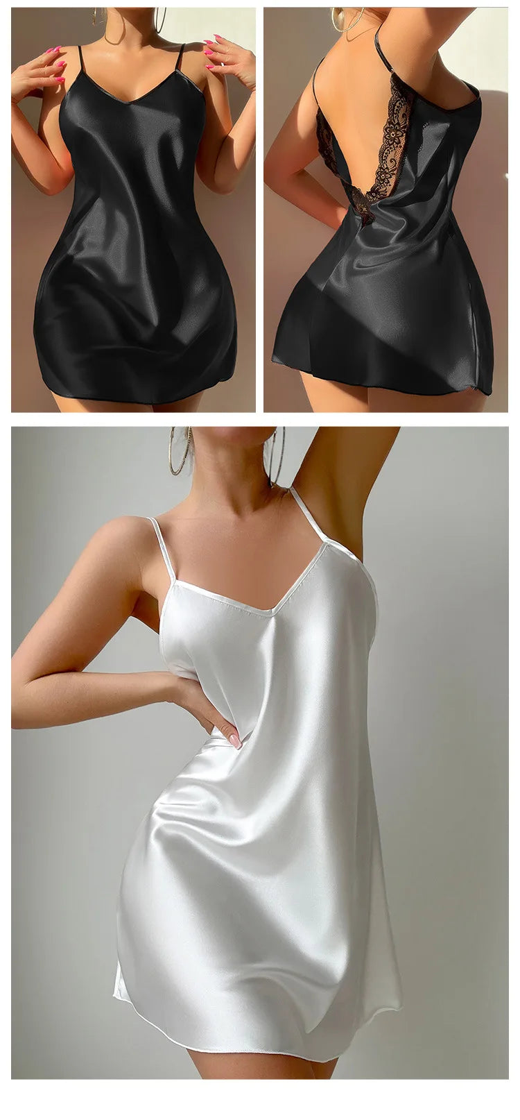 Lace Satin Slip Nightgown - Backless Spaghetti Strap Dress