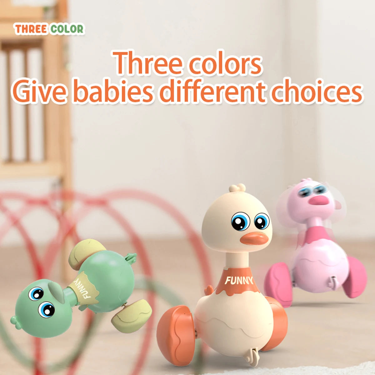 Three colorful baby toys on a light background with text about color choices.