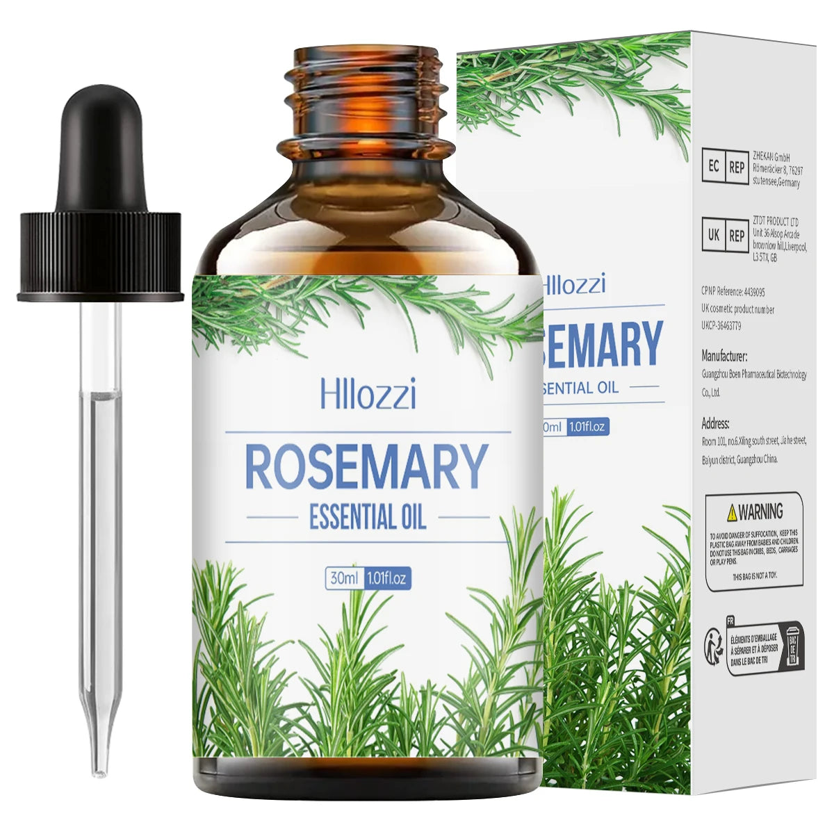 Rosemary essential oil bottle with dropper and packaging on a white background