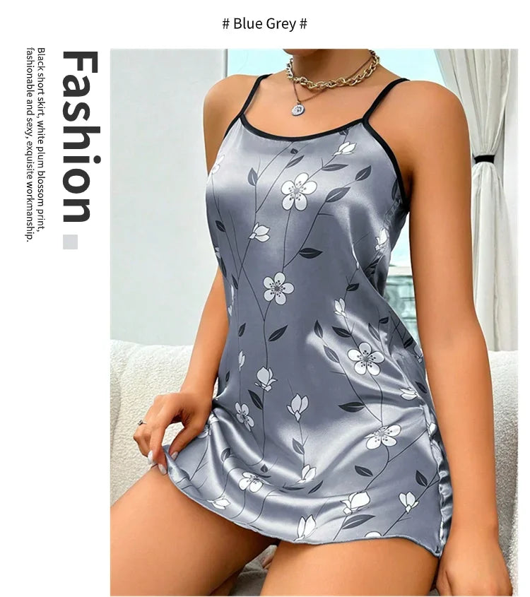Floral Print Satin Nightgown - Backless Slip Night Dress