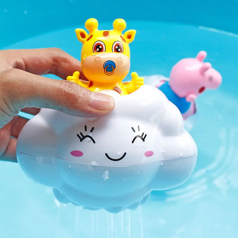 Toy giraffe on a cloud with a hand holding it over water