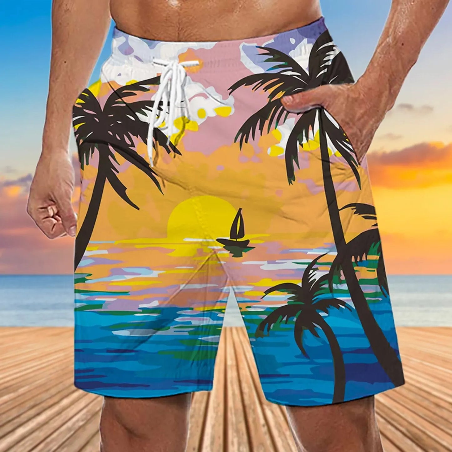 Short de bain hawaïen à motif cocotier - Short de plage à séchage rapide pour homme