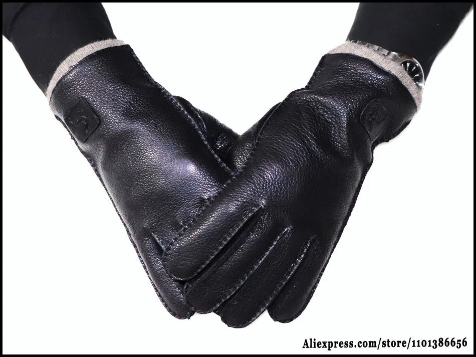 Guantes de piel auténtica de ciervo con textura - Unisex con forro de lana
