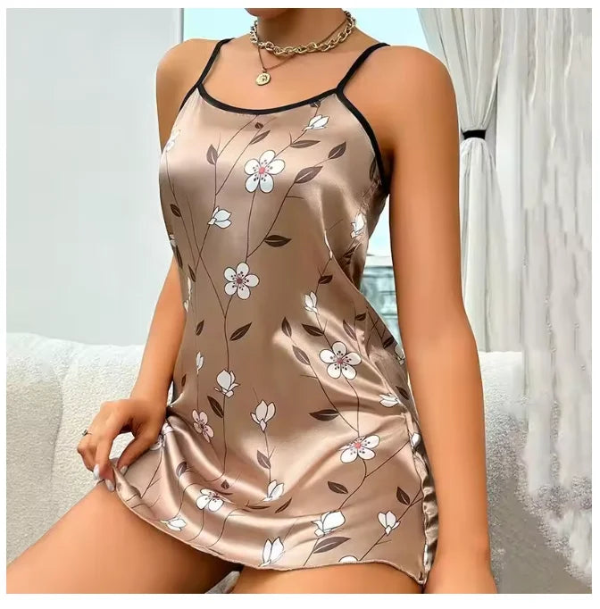 Floral Print Satin Nightgown - Backless Slip Night Dress