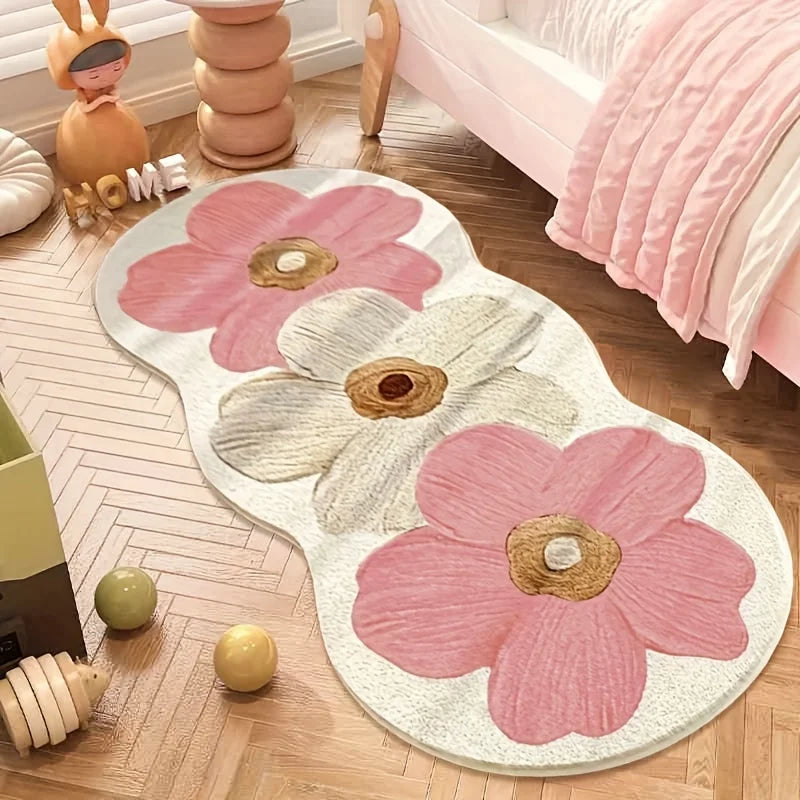 Nordic Style Floral Area Mat - Blue and Beige Bedroom Rug