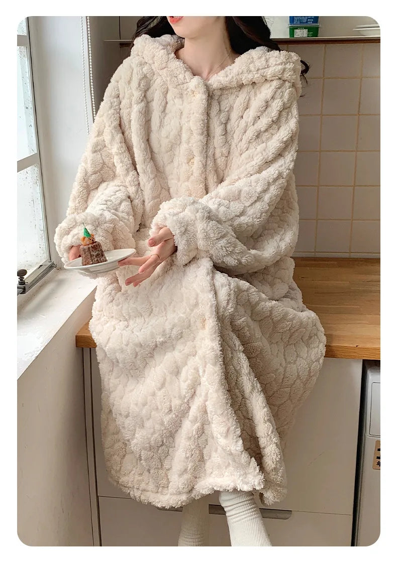 Winter Hooded Fleece Robe - Warm Pocket Nightgown