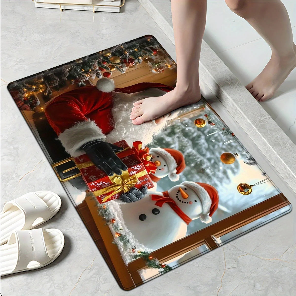 Red Grid Santa Claus Kitchen Floor Mat - Christmas Welcome Rug