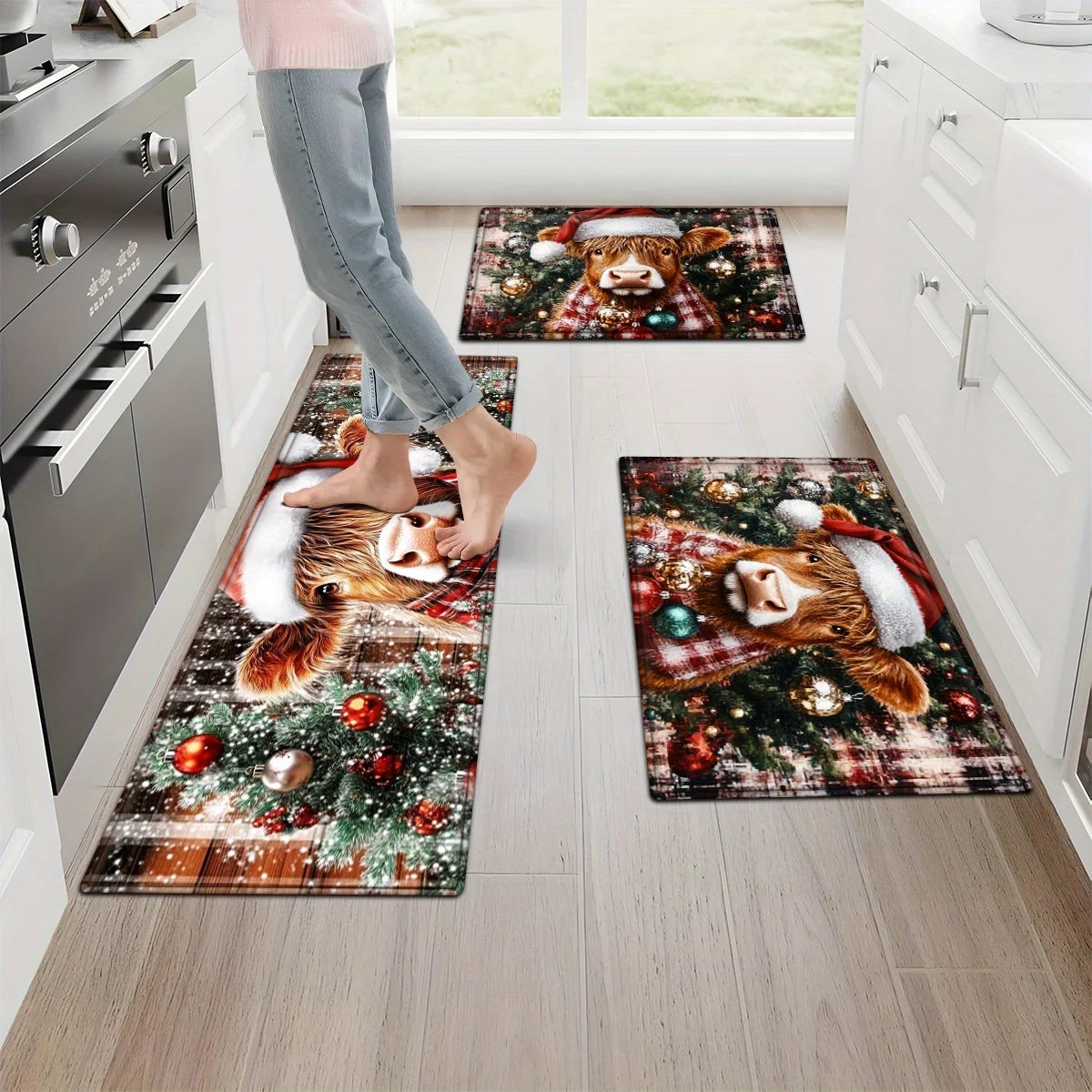Red Grid Santa Claus Kitchen Floor Mat - Christmas Welcome Rug