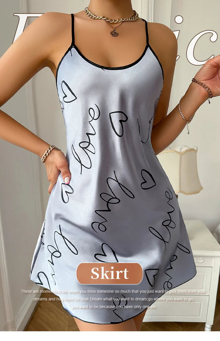Heart Print Satin Nightdress - Criss Cross Back Sleep Dress