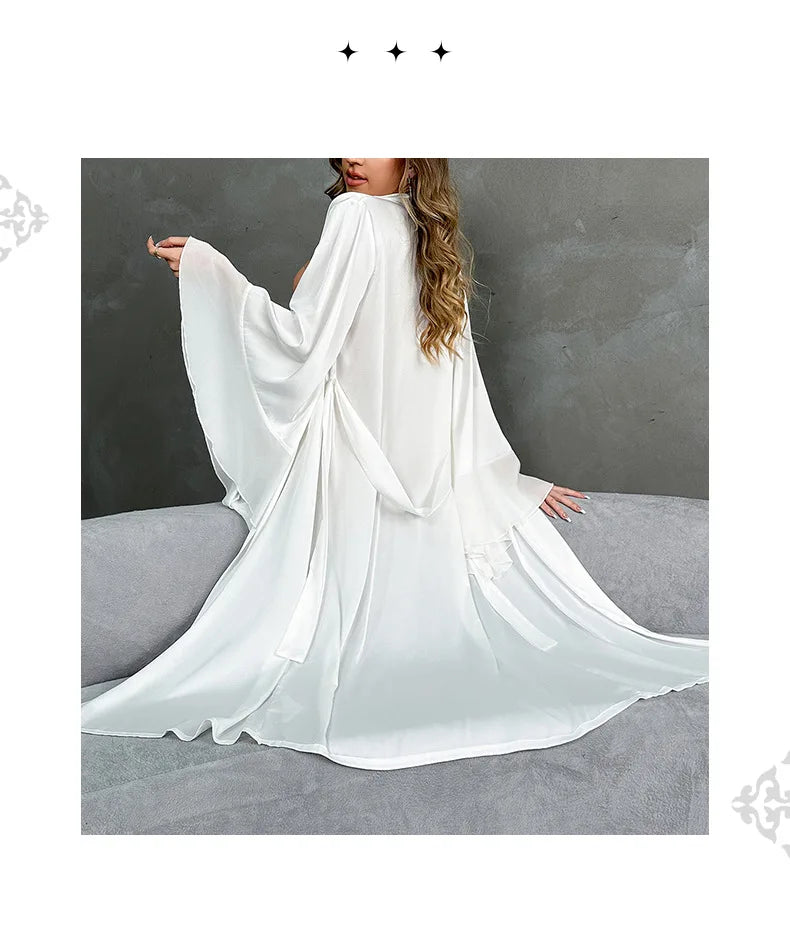 Lotus Leaf Sleeve Bridal Kimono Robe - Silk Satin Wedding Lingerie