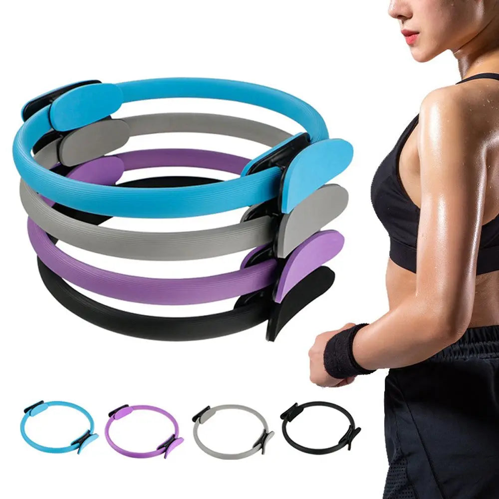 Set of resistance bands in blue, gray, purple, and black with a person wearing one on a white background.