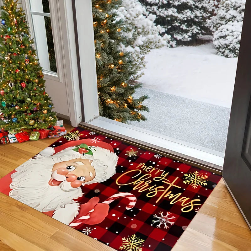Red Grid Santa Claus Kitchen Floor Mat - Christmas Welcome Rug
