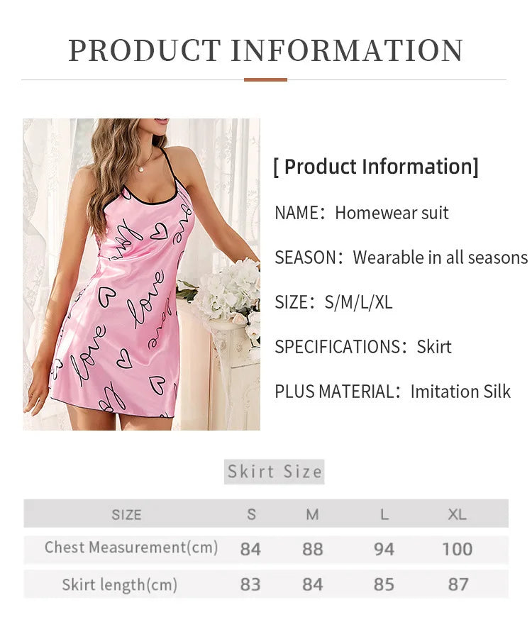 Heart Print Satin Nightdress - Criss Cross Back Sleep Dress