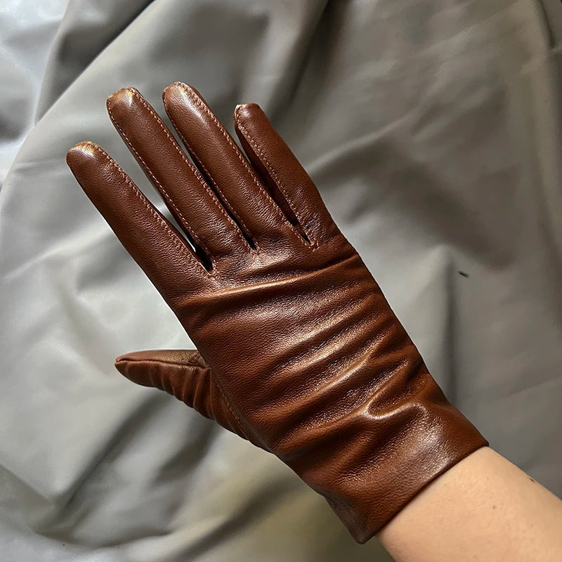 Guantes elegantes de piel de cordero con forro fino para mujer - Piel de oveja auténtica