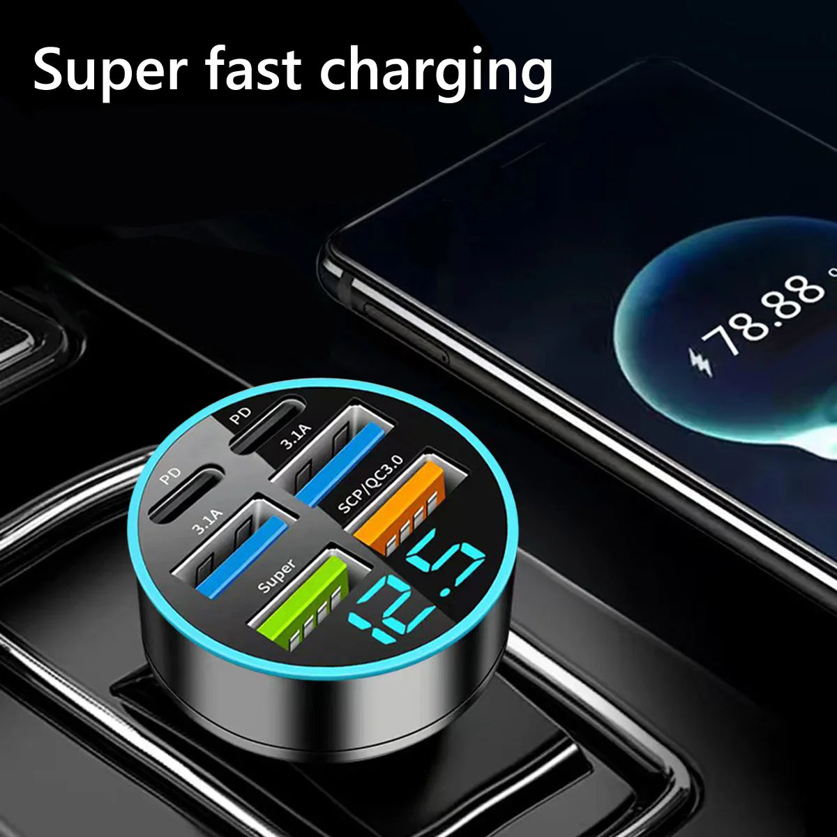 Fast Charging USB Type-C Car Charger - 6 Ports - Digital Display