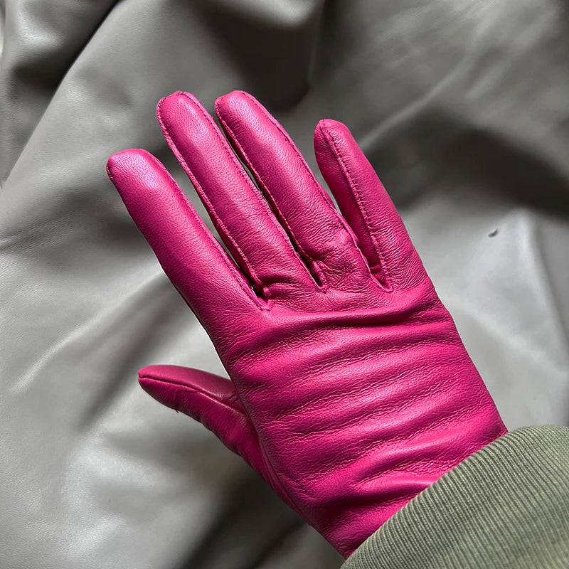 Guantes elegantes de piel de cordero con forro fino para mujer - Piel de oveja auténtica