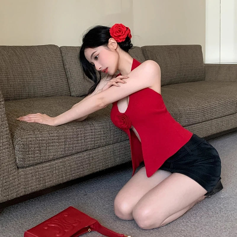 Summer Flower Knitted Camisole - Halter V-neck Tank Top