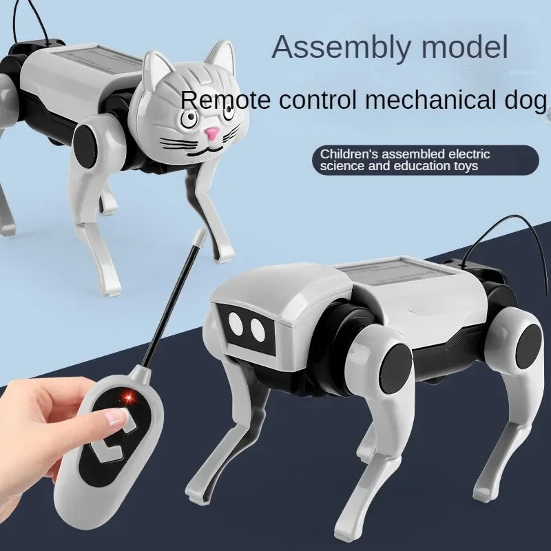 Remote control mechanical dog toy with assembly model text on a blue background