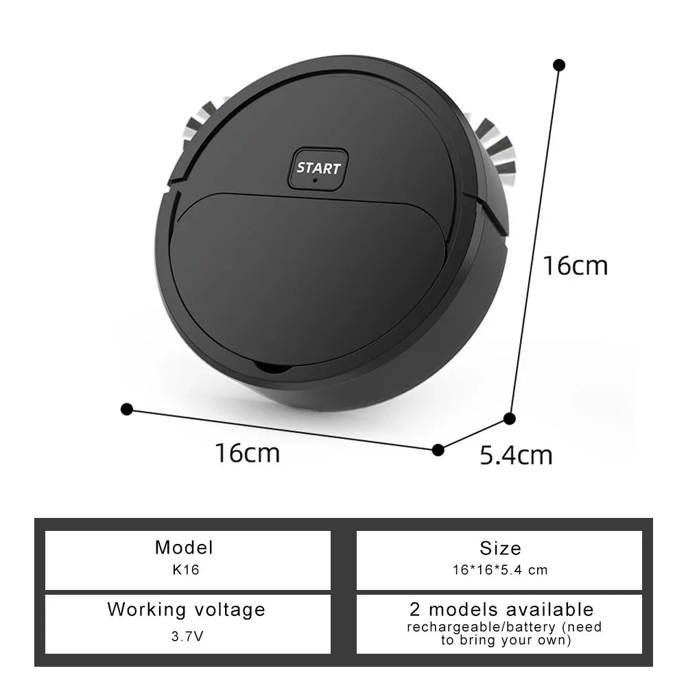 Black robot vacuum cleaner with dimensions and specifications on a white background