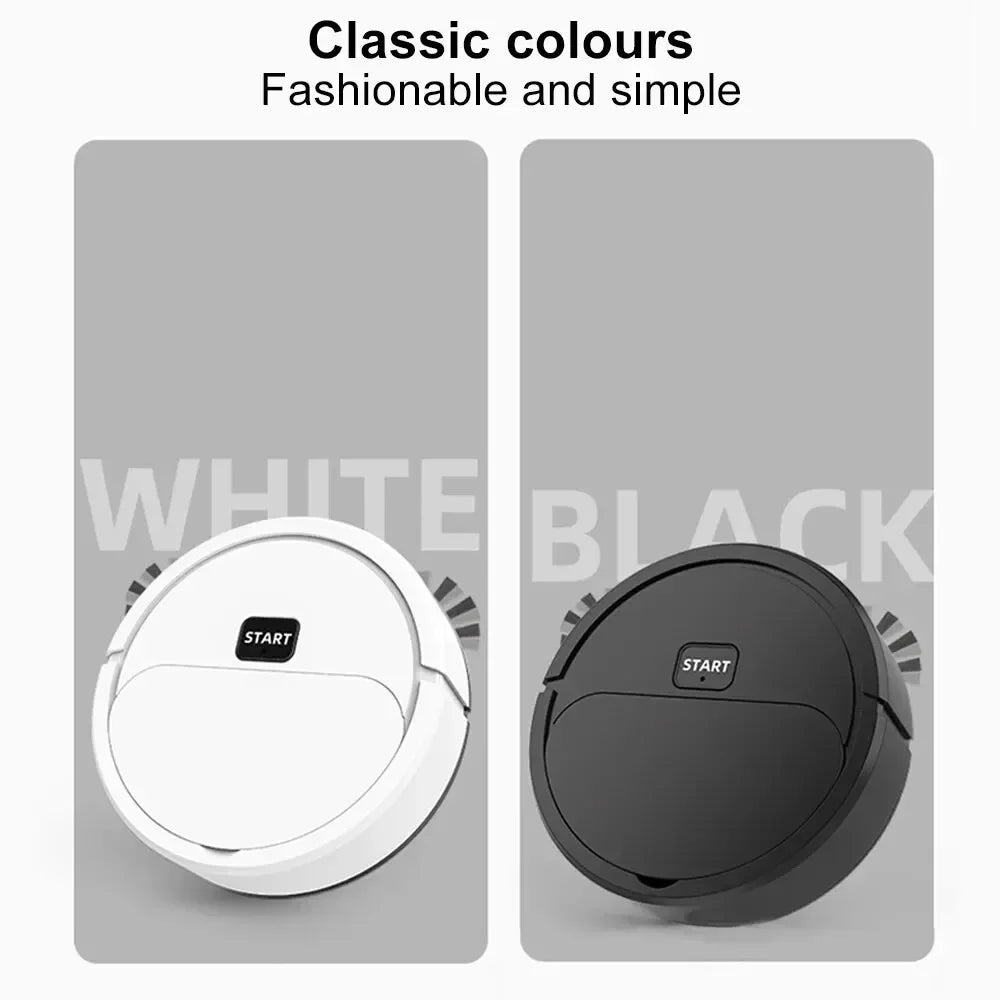 White and black robot vacuums on gray backgrounds with 'Start' buttons.