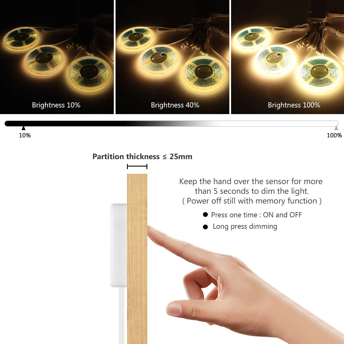Under Cabinet COB LED Strip - Dimmable Touch Sensor Light
