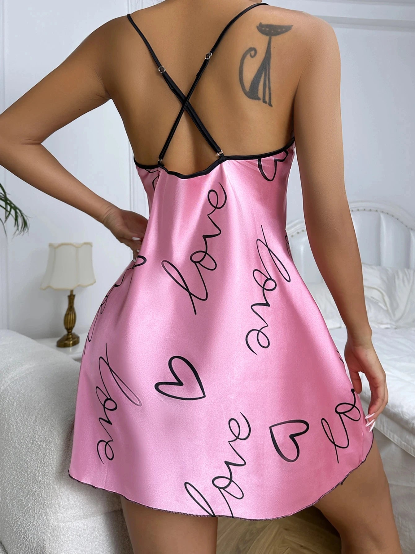 Heart Print Satin Nightdress - Criss Cross Back Sleep Dress