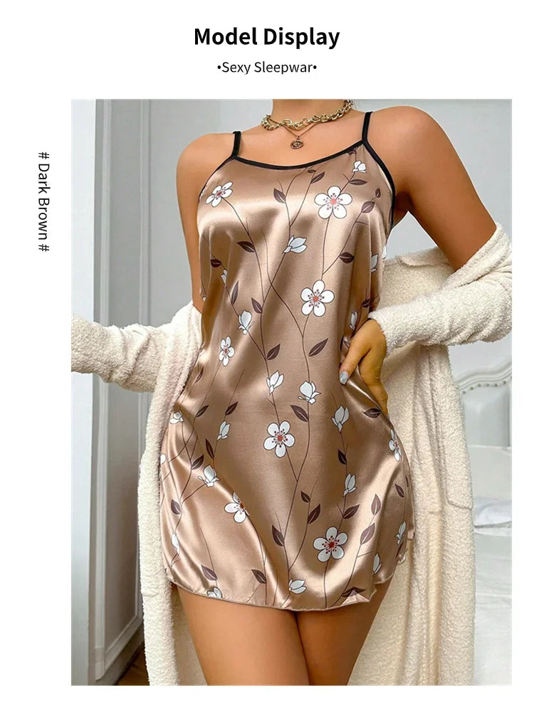 Floral Print Satin Nightgown - Backless Slip Night Dress