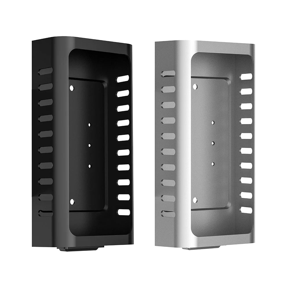Black and silver wall-mounted shelves on a white background